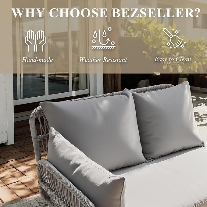 Bezseller 3-Piece Outdoor Patio Furniture Set, L-Shaped Rattan Sectional Sofa with Thick Cushions, Glass Coffee Table – All-Weather Conversation Set for Backyard, Porch, Poolside