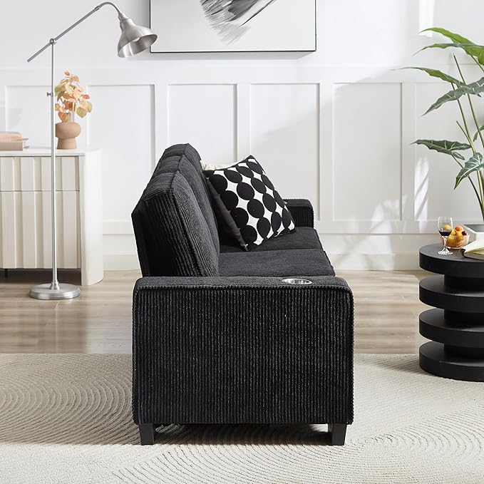 83" Modern Cloud Sofas for Living Room Bedroom, 3 Seat Modular Couch Soft Corduroy Upholstered Loveseat Couches with Cupholders for Home Apartment Office Studio