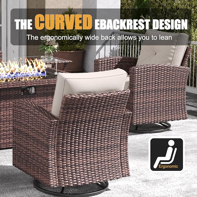 LayinSun 5 Pieces Patio Furniture Set with Swivel Chairs, Rattan Wicker Rocking Glide Chairs with 44" Propane Gas Fire Pit Table Conversation Set