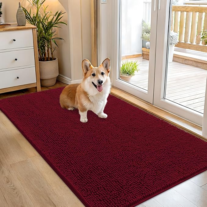 OLANLY Dog Door Mat for Muddy Paws 54x32, Absorbs Moisture and Dirt, Absorbent Non-Slip Washable Doormat, Quick Dry Chenille Mud Mat for Dogs, Entry Indoor Entryway Carpet for Inside Floor, Burgundy by OLANLY