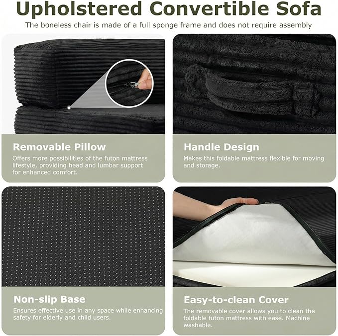 5-in-1 Convertible Sofa Bed, Boneless Loveseat Sleeper with Removable Cushions & Washable Cover, Futon Sofa Bed with Handle, Pull Out Couch for Small Spaces, King Size, Black