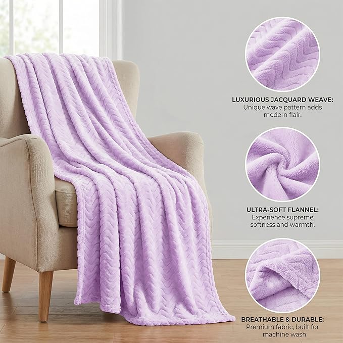 Exclusivo Mezcla Queen Blanket for Bed, Cozy Lightweight Fleece Blankets for All Season, Decorative Giftable Fuzzy Plush Wave Textured Suitable for Women, Men, Lilac Purple, 90x90 Inches