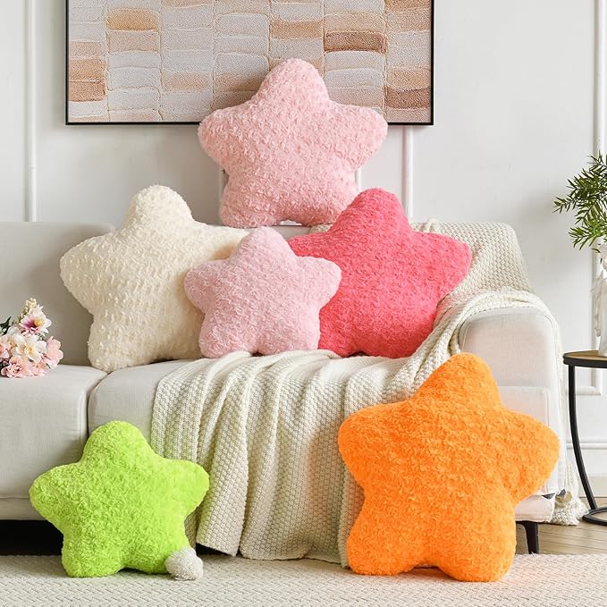 Star Pillow, 14.9" Star Shaped Plush Pillow for Couch Bed Sofa, Cute Decorative Throw Pillows with Soft Faux Fur Room Decor for Bedroom Living Room (Beige)