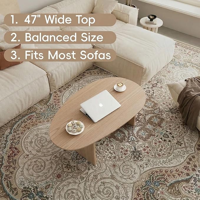 Honyee Oval Coffee Table, 47.2" Wood Coffee Table for Living Room, Modern Wooden Center Table with Solid Wood Veneer Legs, Sturdy Rounded Edge Design, Easy Assembly, Apartment Friendly, Natural