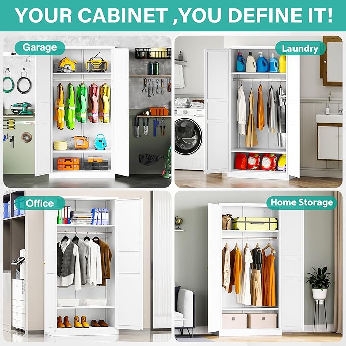 Metal Wardrobe Cabinet,Armoire Wardrobe Closet with doors,White Metal Clothing Storage Cabinet with Adjustable Shelves and Hanging Rod,72" Tall Cloth Storage Cabinets for Home,Bedroom Armoires,Laundry