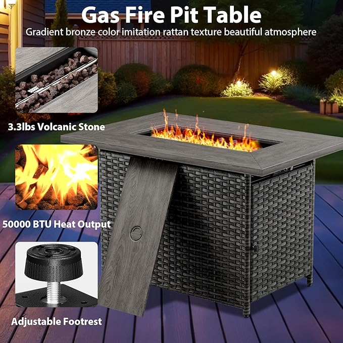 7 Piece Wicker Patio Furniture with Fire Pit Table - Outdoor Conversation Set with 50,000 BTU Fire Pit, All Weather Rattan Patio Set for Deck Backyard Garden - Grey Wicker Beige Cushion