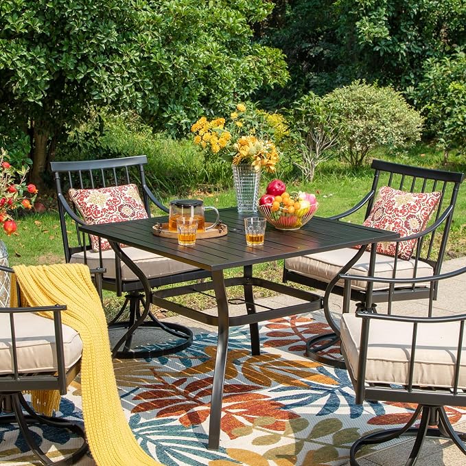 PHI VILLA 37" Patio Table for 4, Metal Outdoor Dining Table with E-Coating, Square Steel Slated Outdoor Table with 1.57" Umbrella Hole for Garden Backyard, Black - Image 7