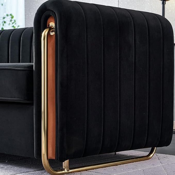 KEIKI 84" Velvet Deep Channel Tufted Sofa with Back Cushions and Rolled Arms, Modern Style 3-Seater Couch with Golden Polished Steel Legs, Easy Assembly, for Living Room, Bedroom, Office, Black