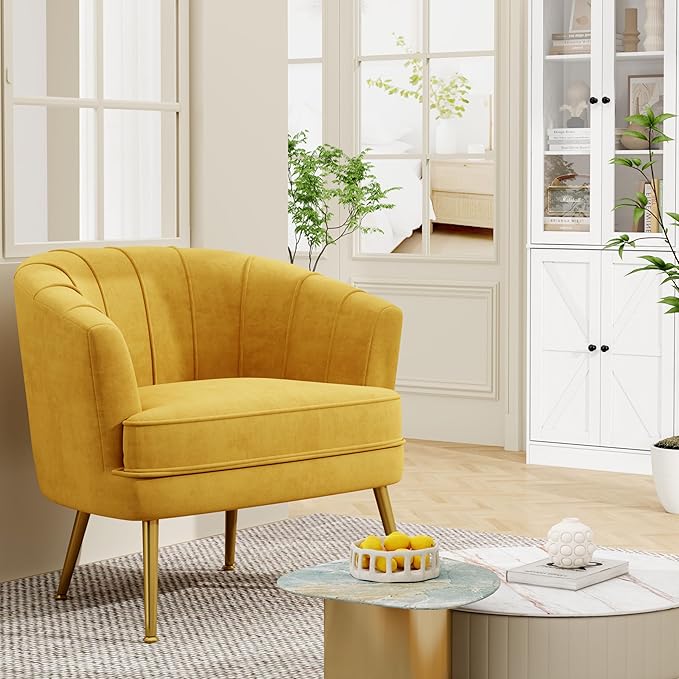 Andeworld Velvet Accent Chair Set of 2, Upholstered Modern Single Sofa Side Chair,Comfy Barrel Club Living Room Armchair with Golden Metal Legs for Bedroom Living Reading Room Office, Yellow