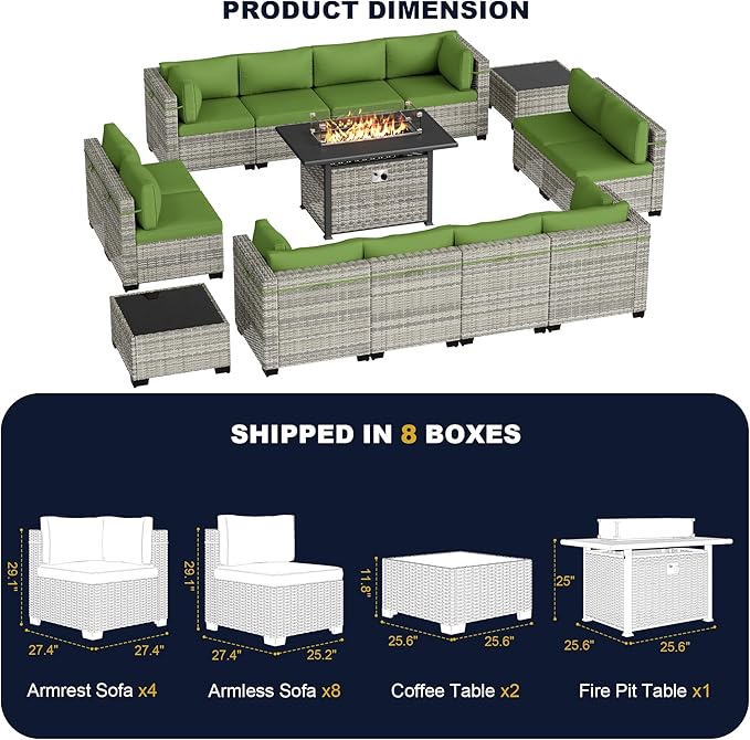 15-Piece Outdoor Patio Furniture Set with 55,000 BTU Fire Pit Table, PE Wicker Rattan Sectional Sofa Conversation Set - All-Weather Garden, Backyard Furniture, Avocado Green