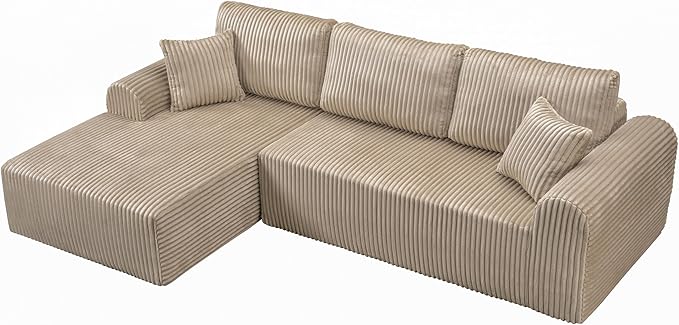 109-Inch L-Shaped Left Facing Boneless Corner Sofa 2 PCS Modular Sectional Cloud Sofa Couch with Chaise Lounge and Toss Pillow, Corduroy Boneless L-Shaped Couches