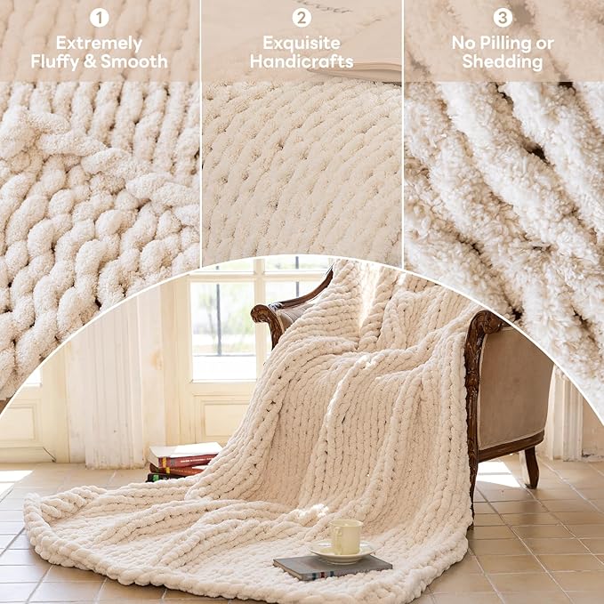 Chunky Knit Blanket - Luxury Soft Cozy 80 * 90 Throw Blanket,100% Woven Blanket Rope Knot Throw Blanket for Couch, Sofa, Home Decor, Gift - Machine Washable (Cream, 80 * 90)