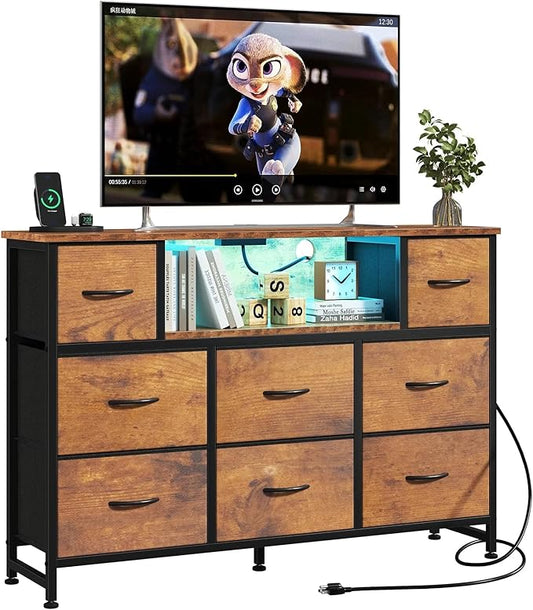 Simple Deluxe TV Stand Dresser with 8 Fabric Drawers and Open Shelves, Entertainment Center with LED Lights & Charging Station, Wood Top for 45" -55" TV, for Bedroom/Living Room/Hallway, Brown