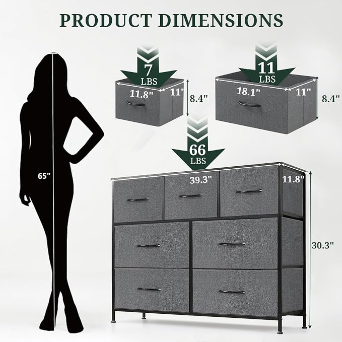 7-Drawer Dresser for Bedroom, Anti-Tip Wide Storage Organizer Fabric Chest of Drawers TV Stand for 45" TV with Wooden Top and Metal Frame for Closet, Living Room, Hallway, Entryway, Gray - Image 3