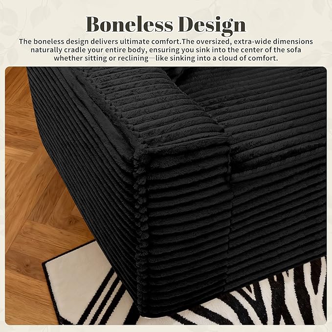 75" Cloud Loveseat Sofa, 26" Deep Seat Boneless Couches for Living Room, Modern 3 Seater Sofa with Throw Pillows, Corduroy Compression Sofa in Box, No Assembly Couch for Bedroom, Dorm, Black