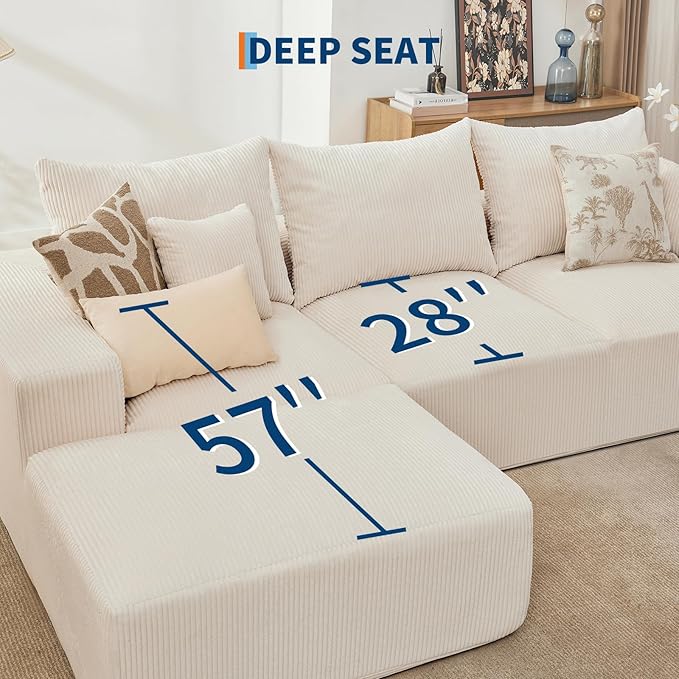 110" Modular Sectional Sofa Couches for Living Room, Cloud Memory Boneless Couch, No Assembly Required,Comfy Cloud 3-Seater Couch with Chaise, Memory Foam Sofa for Offices, Bedroom and Apartment
