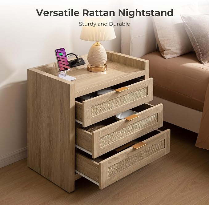 SICOTAS Rattan Nightstand Bedside Table - Larger Night Stand with Type-C Charging Station, 3 Drawers Storage - Boho Night Stands End Table for Bedroom - Light Oak - Image 3