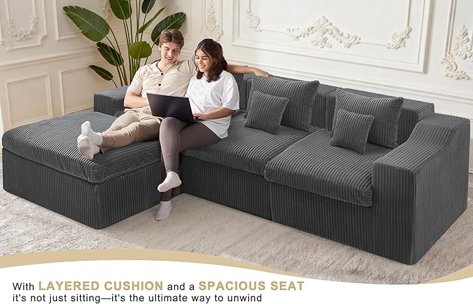 101" Modular Couch Sectionals with Ottoman, Big Comfy Cloud Couches, L Shaped 4 Seat Modular Sectional Sofa, Sectional Double Cushion Couches with Deep Seat for Living Room,No Assembly Required (Grey)