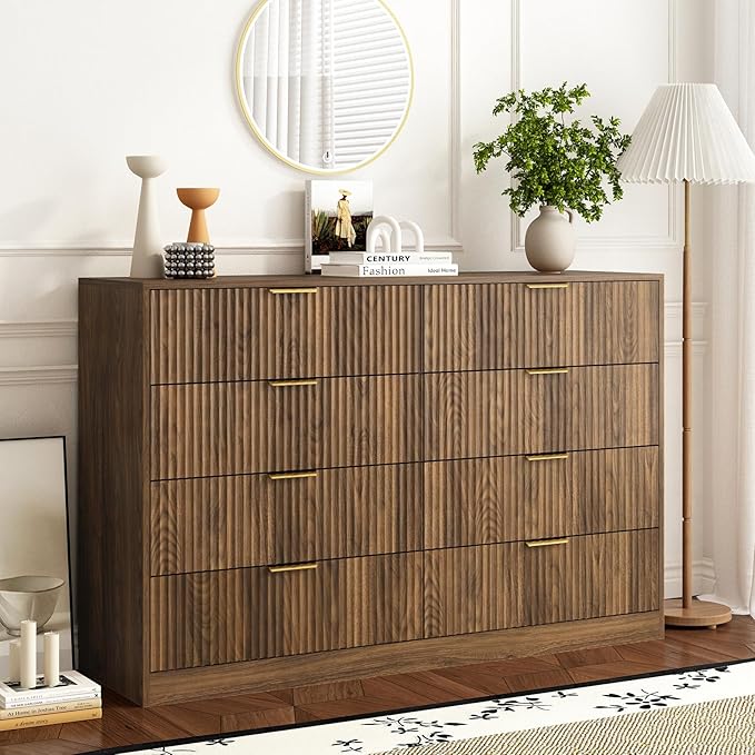 8 Drawer Dresser and Nightstand Sets for Bedroom, 3 Pcs Bedroom Set，Night Stand Set of 2 & 8 Drawer Dresser with Gold Handles, Modern Wood Chest of Drawers Storage Cabinet Set, Natural