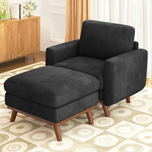 Vesgantti 38.5" Accent Chair with Movable Ottoman, Comfy Corduroy Armchair with Spring Cushion, Reading Chair with Ottoman, Modern Single Sofa for Living Room, Bedroom and Apartment, Black