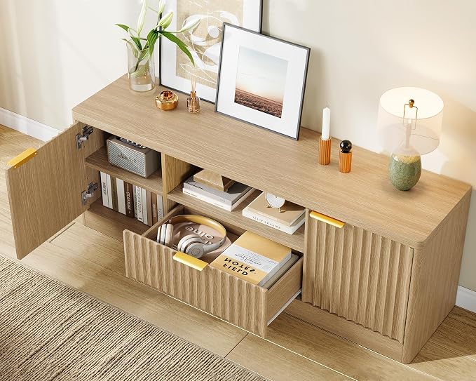 TEENFON 55" TV Stand for TVs Up to 65", Modern Fluted Entertainment Center with Drawer and Open Shelf, Media Console Table, TV Stands for Living Room, Nature Oak - Image 3