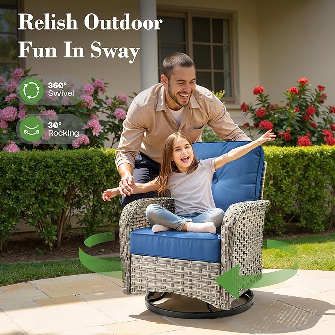 9 Pcs Patio Furniture with Fire Pit Table, Outdoor Rattan Wicker Conversation Set with Glowing Coffee Table, Comfy Sectional Sofa for Porch Balcony Backyard Pool, Blue