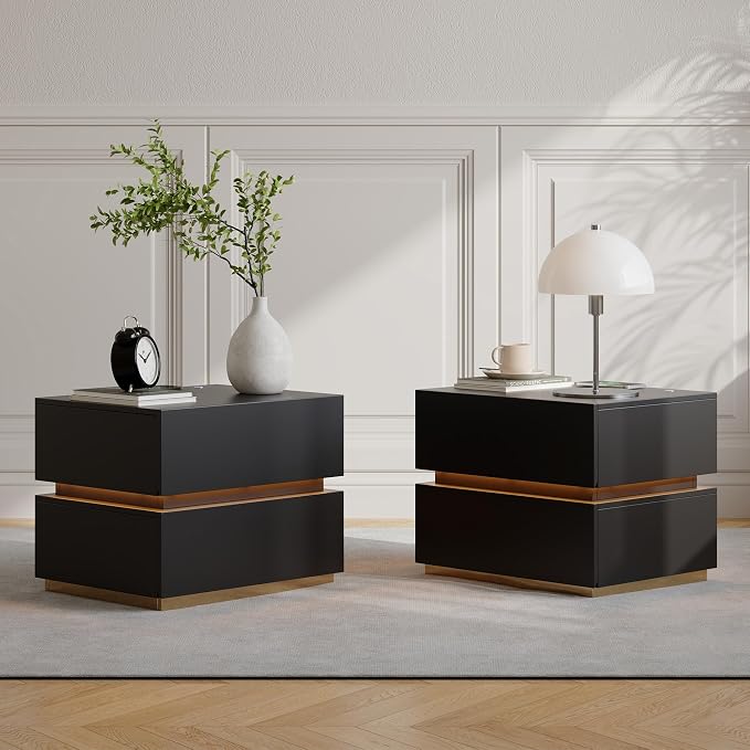 homary Smart Nightstand Set of 2 with Wireless Charging Station, USB & Type-C Ports, LED Light – Modern Black Bedside Table for Bedroom Storage (Black, 2 Drawers) by Homary