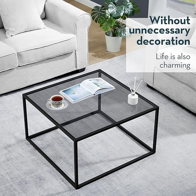 SAYGOER Glass Coffee Table, Small Modern Coffee Table Square Simple Center Tables for Living Room 26.7 x 26.7 x 17.7 Inches, Gray Black