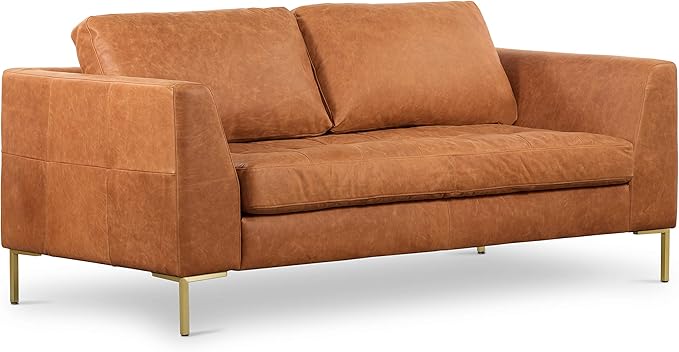 Poly & BARK Calle 75" Apartment Sofa, Full-Grain Pure-Aniline Italian Leather, Cognac Tan, Brass Legs