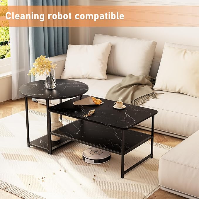 WOHOMO Coffee Table, Black Modern Coffee Tables for Living Room 2 in 1 Detachable Small Center Table Set with Storage, Black Marble