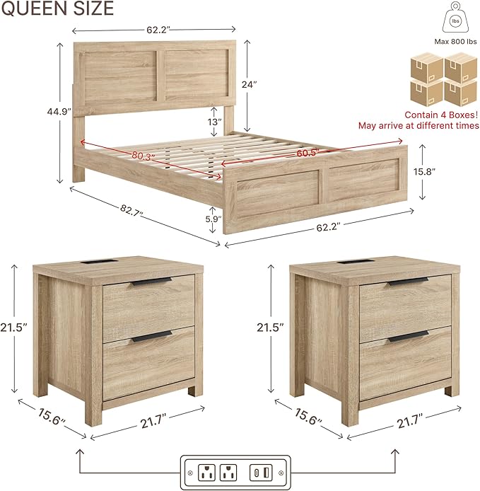 KISLOT 3 Pieces Bedroom Set, Wood Bed Frame with Upholstered Headboard & 2 Nightstands with Storage, Wooden Platform Mattress Foundation Farmhouse Bedroom Furniture Set