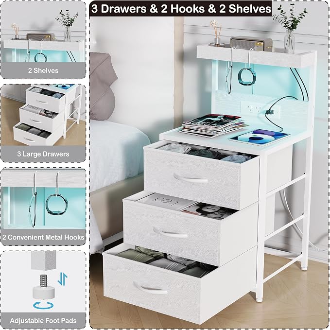 Night Stand with Charging Station Set of 2, LED Nightstand Bedside Table with USB Ports and Outlets, 3 Fabric Drawer End Side Table Night Stand Set 2 for Bedroom with Storage Shelf and 2 Hooks, White - Image 7