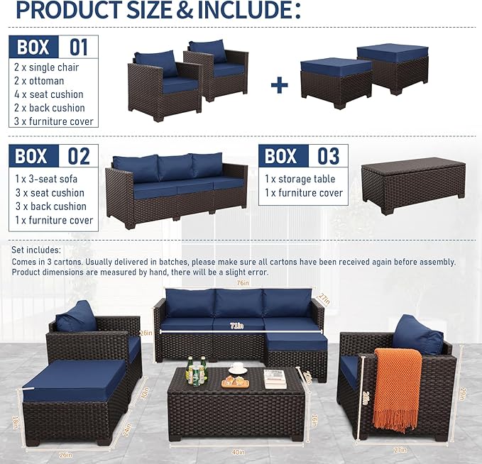 6 Pieces Patio Outdoor Furniture Conversation Sets Patio Wicker Sofa Set with Outdoor Couch Patio Chairs and Storage Table Non-Slip Cushions Waterproof Covers, Navy Blue