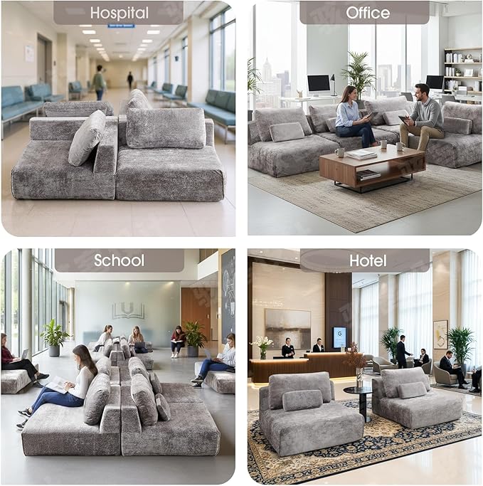 Modular Single Sofa Couch, Grey Plush Velvet No-Assembly Compressed Sofa, Deep-Seat Lounge Chair for Small Spaces Living Rooms Apartments Dorms