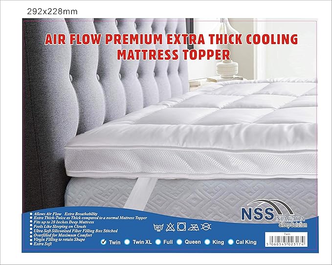 Niagara Cooling Twin Mattress Topper - Pillow Top Mattress Cover Quilted Fitted Cooling Topper for Back Pain Deep Pocket Fits 20 Inches, White