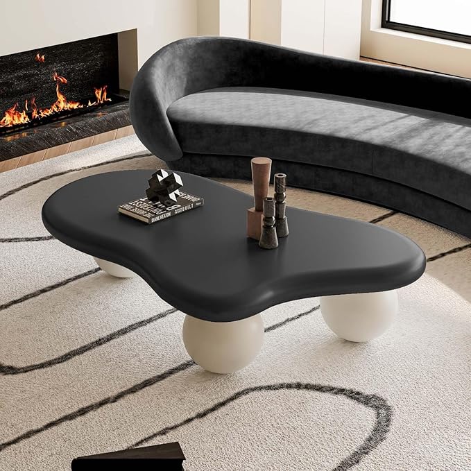 47" Modern Coffee Table Cloud Shape Low Center Table Cute Irregular Indoor Tea Table with 3 Ball Legs for Living Room Small Space