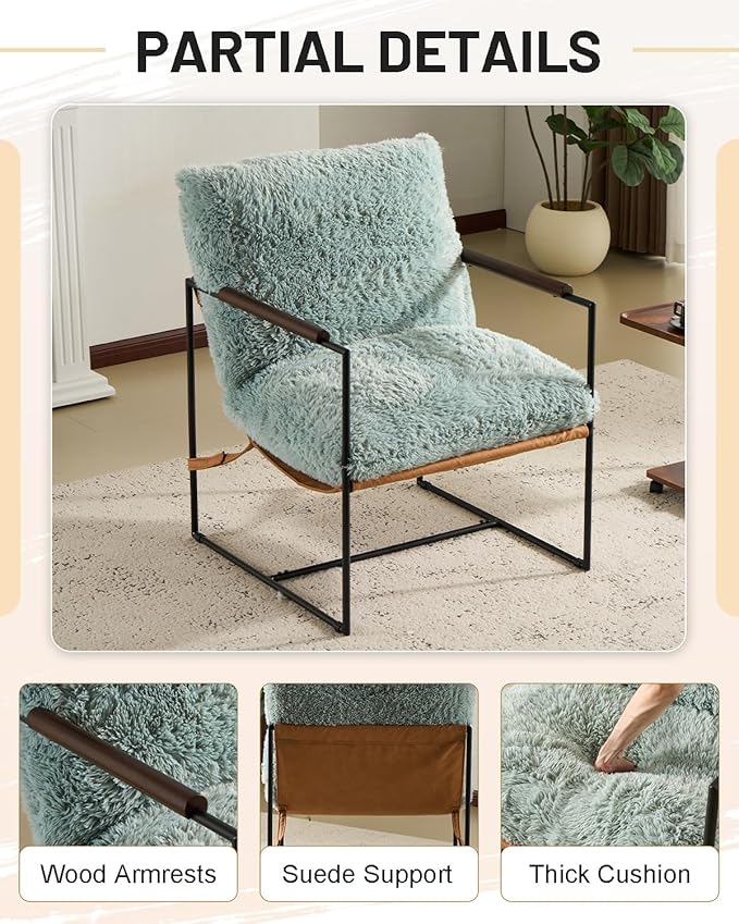Karl home Modern Accent Chair Plush Fleece Upholstered Living Room Chair with Metal Frame Wooden Armrest Comfy Lounge Armchair for Living Room, Bedroom, Balcony, Reading Room, Teal
