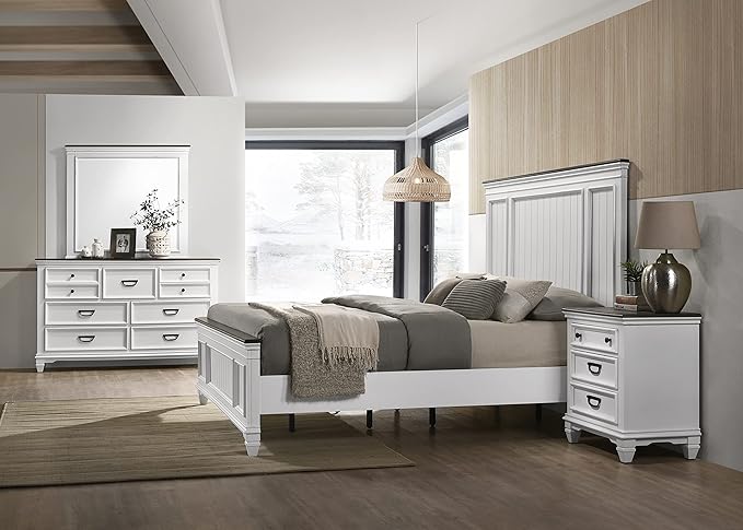 Clelane Wood Bedroom Set with Shiplap Panel King Bed, Dresser, Mirror, and Two Nightstands in Weathered White and Dark Gray