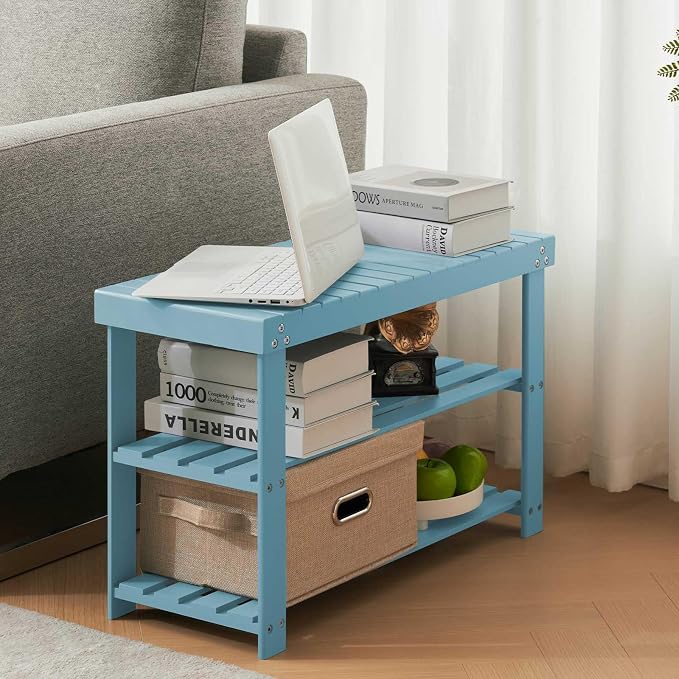 Apicizon Bamboo Shoe Rack for Entryway, 3-Tier Shoe Rack Bench for Front Indoor Entrance, Small Shoe Organizer with Storage, Blue - Image 5