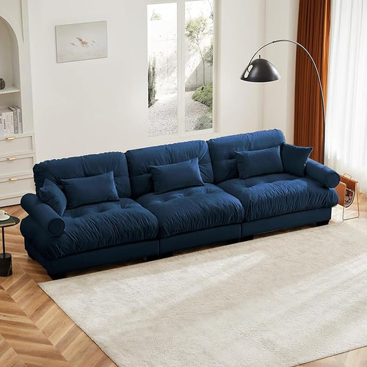 KEIKI 130" Oversized Velvet Modular Sectional Sofa with High-Density Foam Cushions and Bolstered Armrests, Upholstered Modern Style 3-Seater Cloud Couch with 5 Pillow, for Apartment, Living Room, Blue