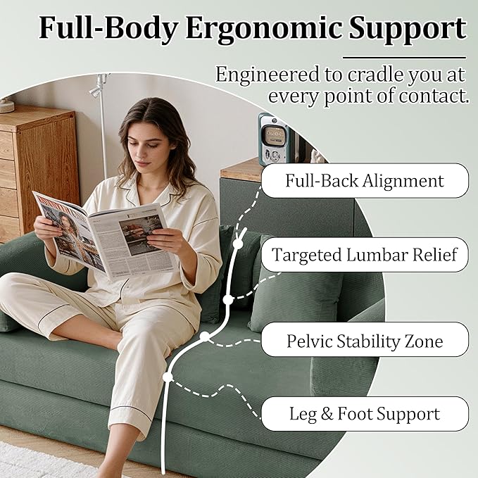79'' Convertible Compressed Corduroy Folding Cloud Sofa Bed, 5 in 1 Modern Modular Boneless Pull Out Loveseat Sleeper in a Box, No Assembly Foldable Floor Futon Couch for Home, Green, Pillows, King