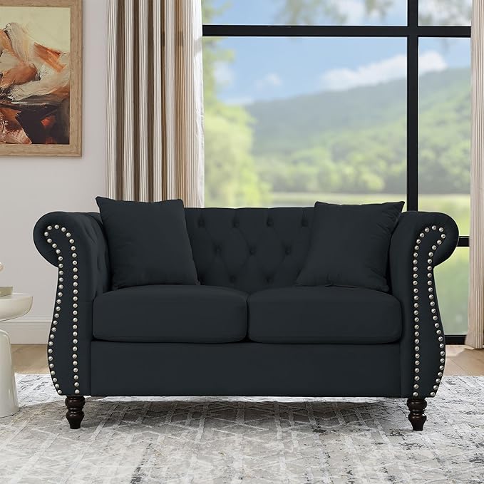 KEIKI Chesterfield Sofa, Retro Style Upholstered 2 Seater Velvet Couch with Rolled Arm for Living Room Bedroom Office Apartment, Black
