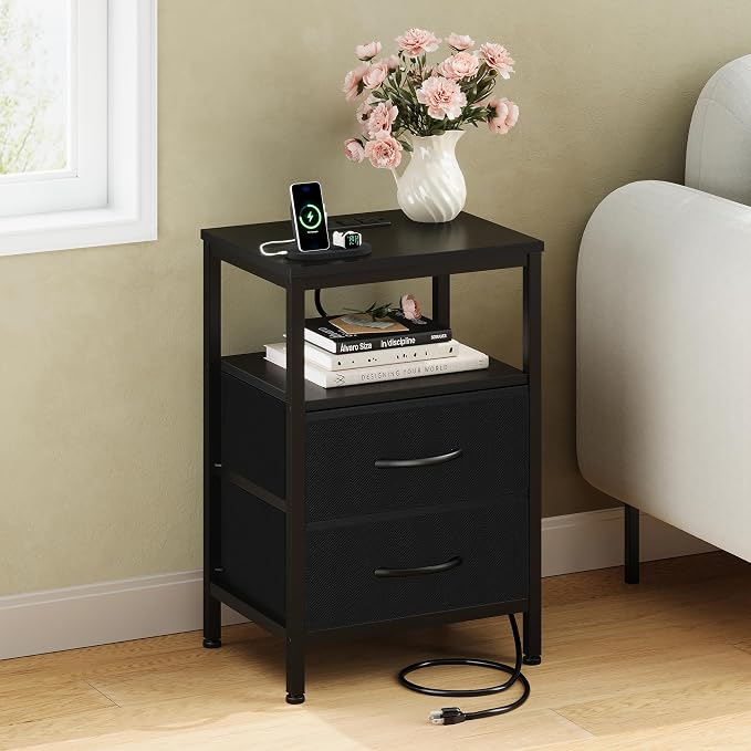 OLIXIS Nightstand with Charging Station, Bedside Table with USB Ports & Type-C, 2 Fabric Drawers Night Stand with Open Shelf, Compact End Table for Bedroom, Black - Image 2