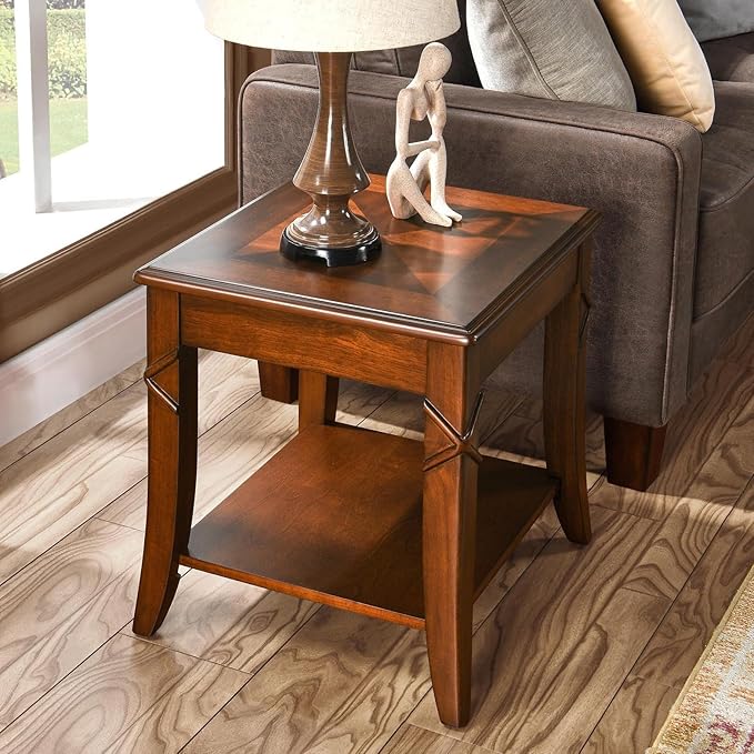 Solid Wood Side End Table with Storage Shelf, Mid-Century Sofa Beside Table with Splicing Top,Telephone Table for Living Room, 19.7"L x 17.9"W x 19.7"H Easy Assembly, Cherry Brown CJZ-DR200