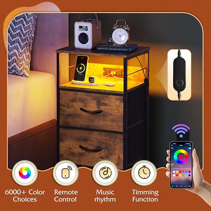 WLIVE Nightstand with Charging Station, 31.9" H Nightstand with 3 Fabric Drawers, LED Bedside Table with USB Ports and Outlets, End Table for Dorm, Bedroom, Entryway, Rustic Brown - Image 5