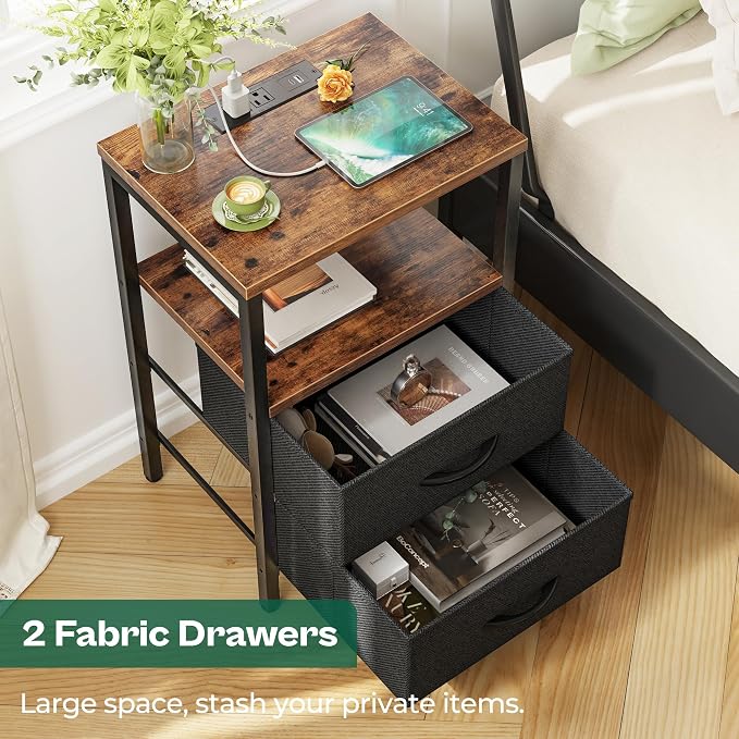 Huuger Nightstands Set of 2, End Tables with Charging Station, Side Tables with Fabric Drawers, Bedside Tables with USB Ports and Outlets, Night Stands for Bedroom, Rustic Brown and Black - Image 5