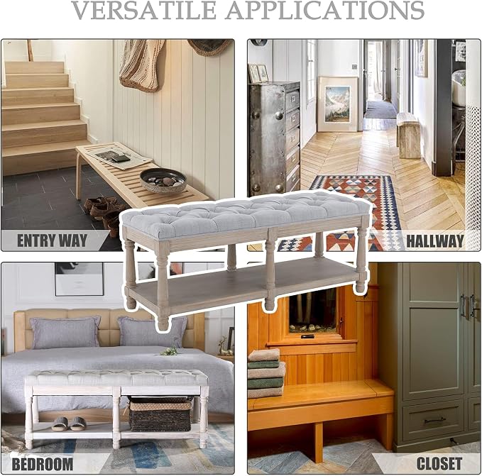Kmax Storage Entryway Bench Tufted Shoe Rack Bench Wood Window Bench for Hallway Entrance Bedroom Corner, Gray - Image 6