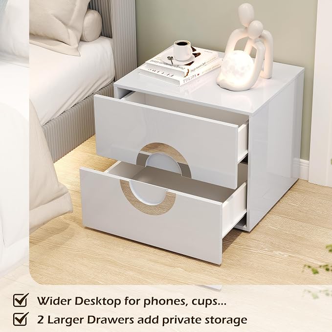 Modern Nightstand with 2 Drawers,Grey Night Stands with Circular Handle Design,Wood Bed Side Tables Bedroom,High-Gloss Side End Table for Bedroom, Living Room, and Small Spaces,Easy Assembly - Image 3