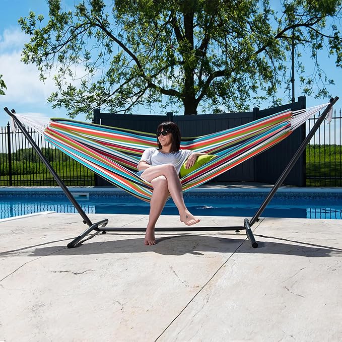 Vivere Double Sunbrella Hammock with Space-Saving Steel Stand, Heavy-Duty Portable Outdoor Hammock Set for Backyard, Patio, or Travel, Confetti - Image 6