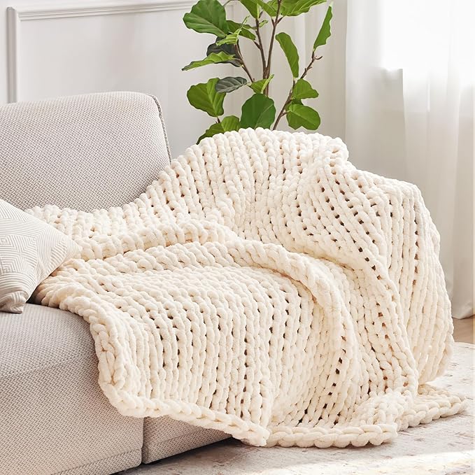 Negwoo Chunky Knit Throw Blanket, 80''*90'' Knitted Throw Chenille Yarn for Bed Couch, Handmade Cream Crochet Big Thick Blanket, Machine Washable Cute Comfy Blanket for Home Decor